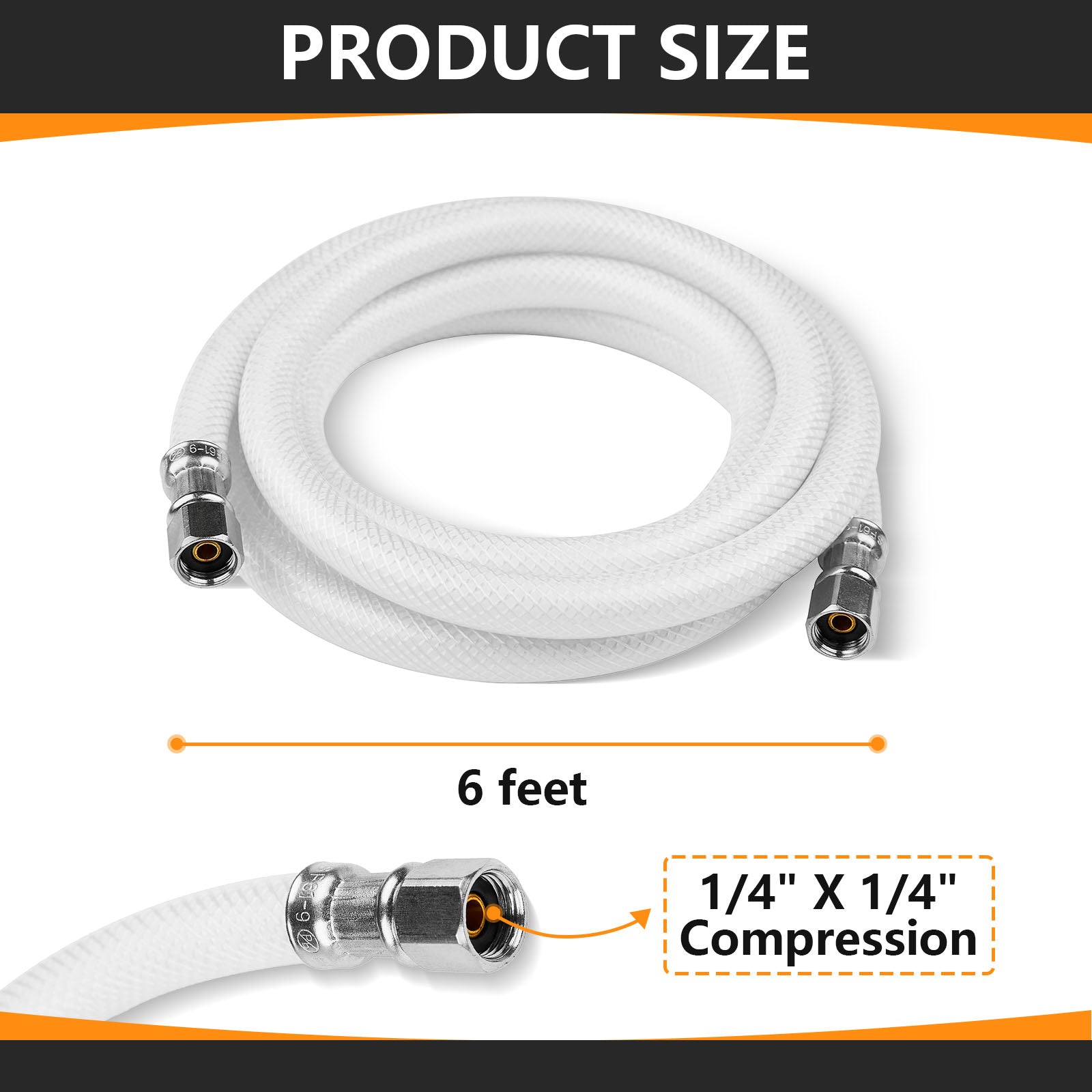 6ft fridge ice maker water connector line, polyester reinforced pvc, 1/4