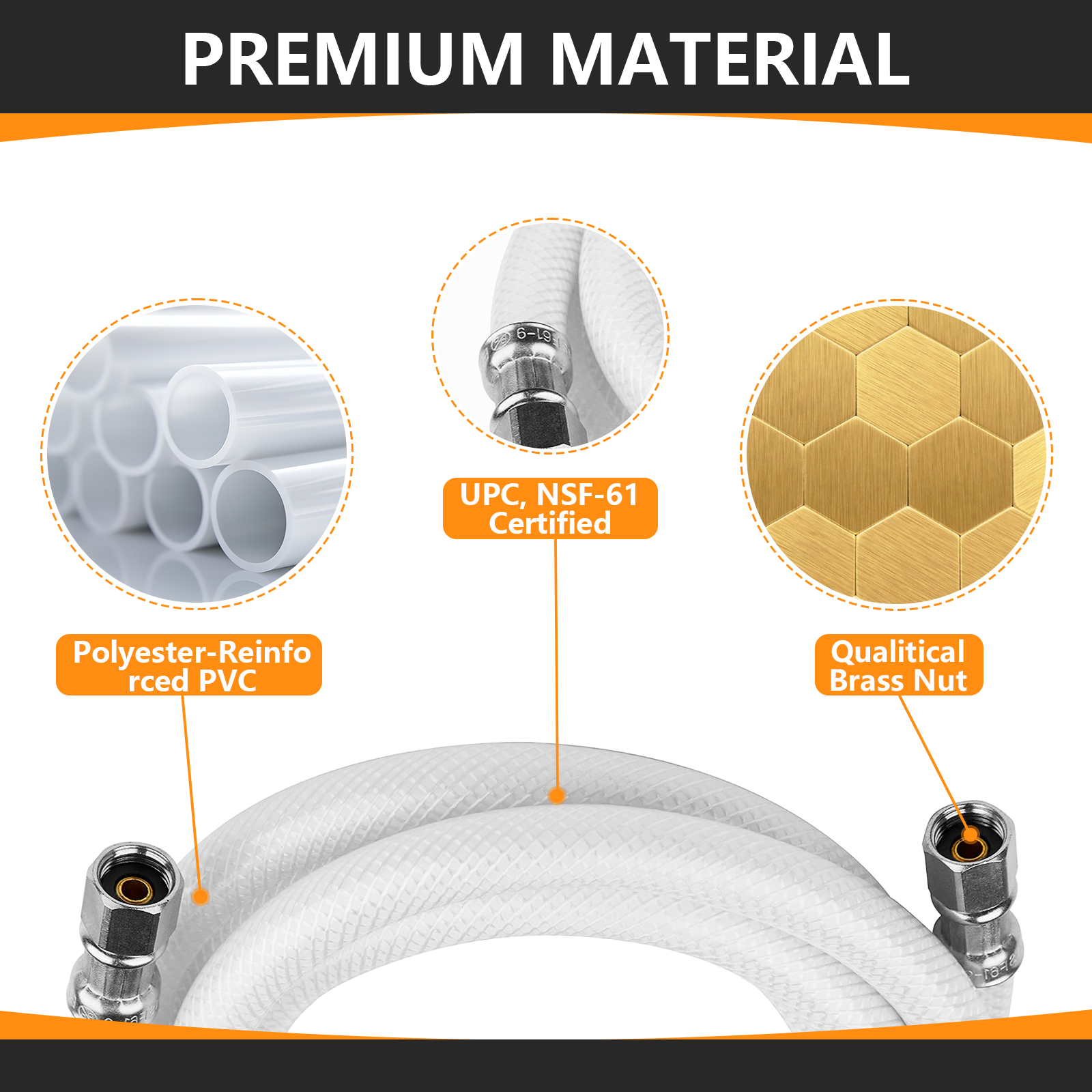 8ft fridge ice maker water connector line, polyester reinforced pvc, 1/4