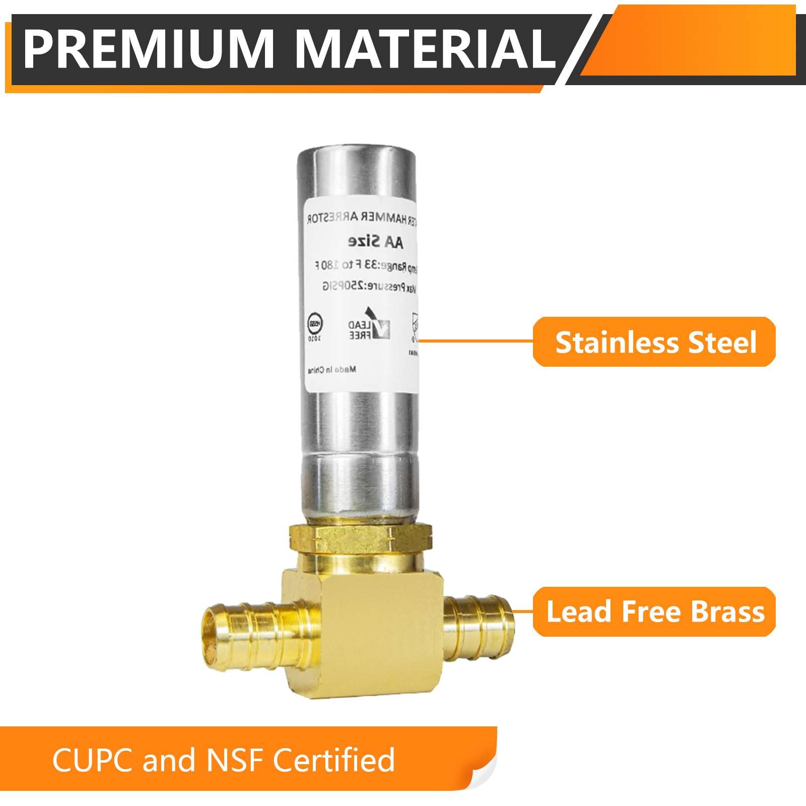 pex crimp connection, water hammer arrestor tee, stainless steel 8