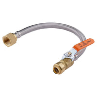 1/2" push fit 3/4" fip, 12" flexible water heater connector hose, with ball valve