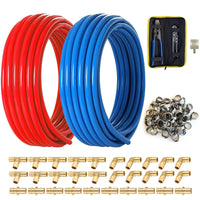 3/4" 2 x100ft, 200ft pex-b tubing (blue & red), 3/4" barb crimp brass fittings (30 pcs), crimper tool, cinch clamps (100 pcs), pipe cutter