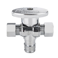 1/2" pex expansion 3/8" od compr. 3/8" od compr. dual outlet angle stop valve, 1/4 turn (lead free)
