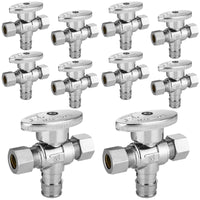 10 Pcs 1/2" PEX Expansion x 3/8" OD Compr. x 3/8" OD Compr. Dual Outlet Angle Stop Valve, 1/4 Turn (Lead Free)