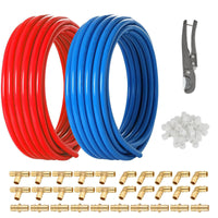 3/4" 2 x100ft, 200ft pex-a tubing (blue & red), 3/4" brass expansion elbow & tee &coupler (30 pcs), 3/4" expansion rings (100 pcs), pipe cutter (3/4" )