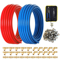 1/2" 2 x100ft, 200ft pex-b tubing (blue & red), 1/2" barb crimp brass fittings (30 pcs), crimper tool, cinch clamps (100pcs), pipe cutter